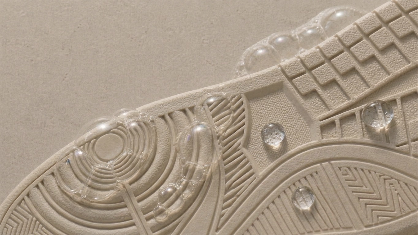 Suela de sneaker en primer plano con agua y espuma sobre una superficie mineral