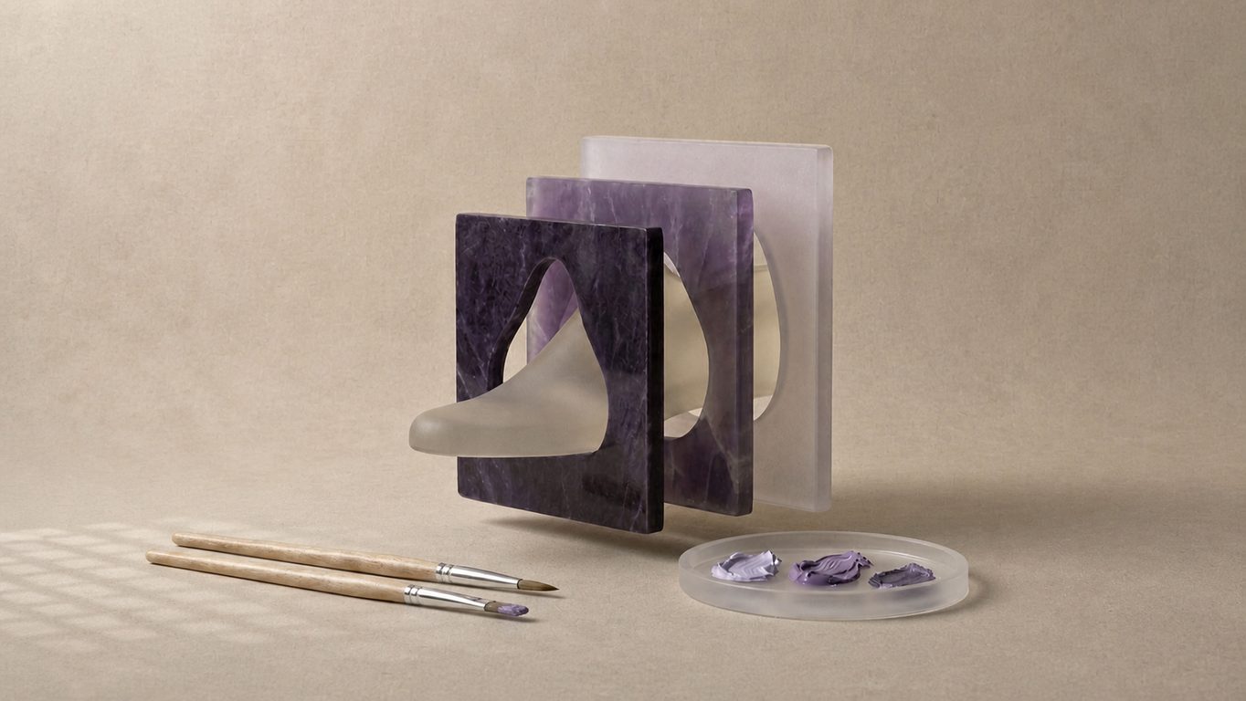 Composición escultórica en tonos minerales y violetas con pinceles y estudios de color